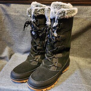 Women's Size 10 All In Motion Black Leather Faux Fur Lace Up 12" Tall Boots